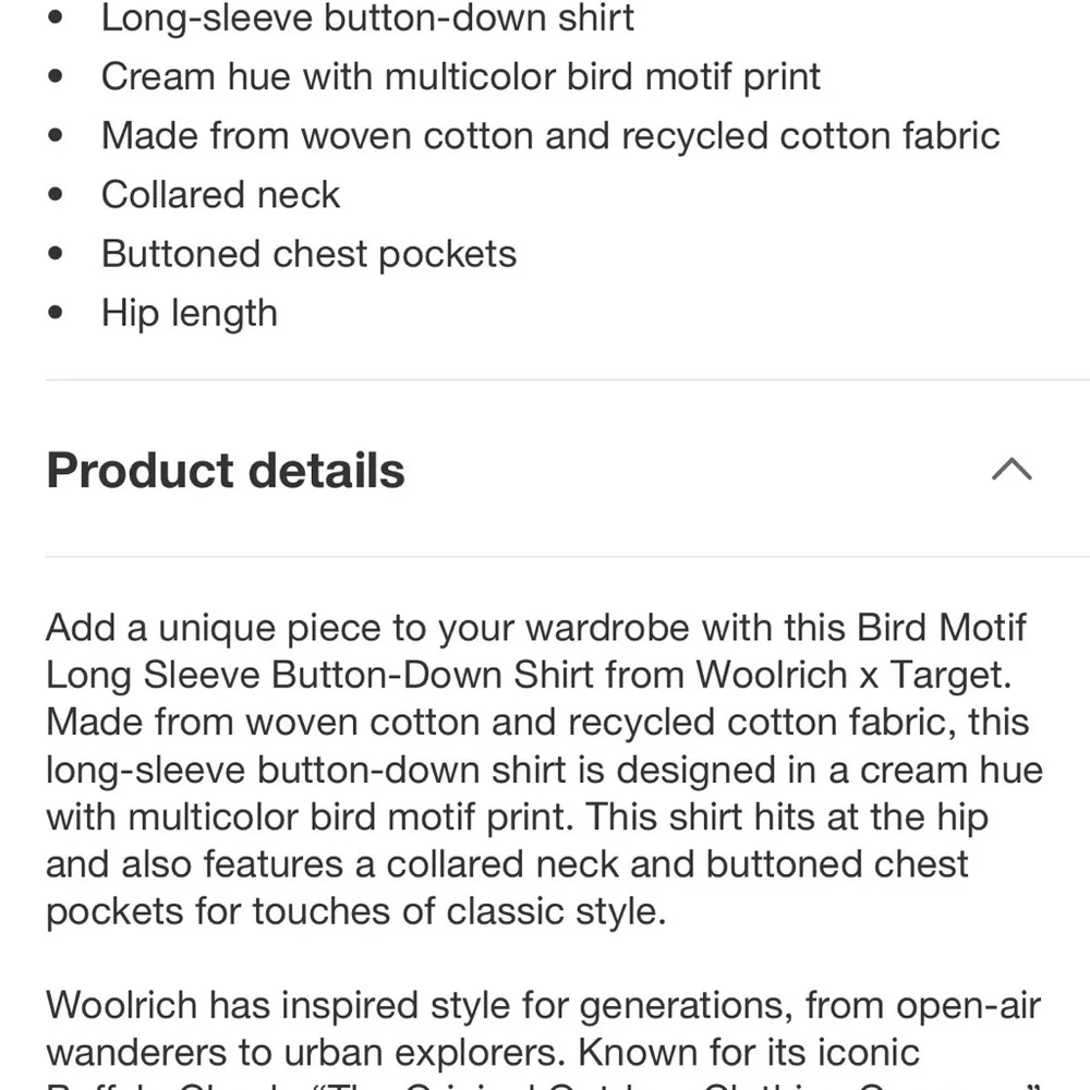 Woolrich x Target Cream Bird Print Unisex Shirt - Picture 4 of 4